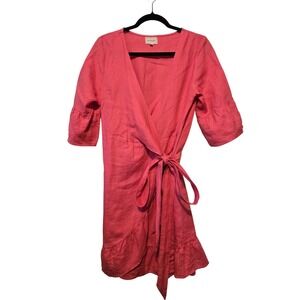 Anthropologie 4our Dreamers 100% Linen Faux Wrap Dress Womens S Coral Ruffle Hem